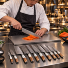 A Japanese chef using the Reimei 9-Piece Knife Set on a titanium cutting board in a professional kitchen