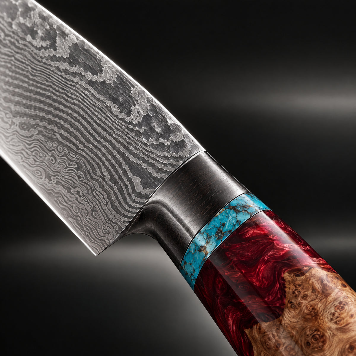 Close-up of the tenryu 3-piece knife set (gyuto, nakiri & petty) blade and handle