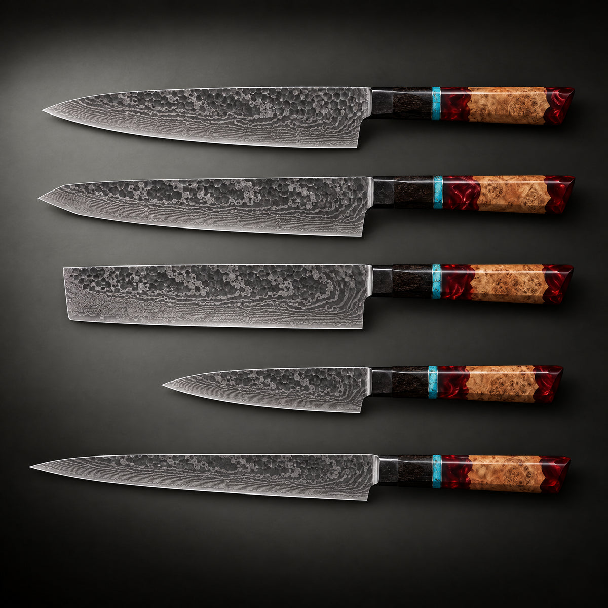 Tenryu Damascus Knife Set, full side profile