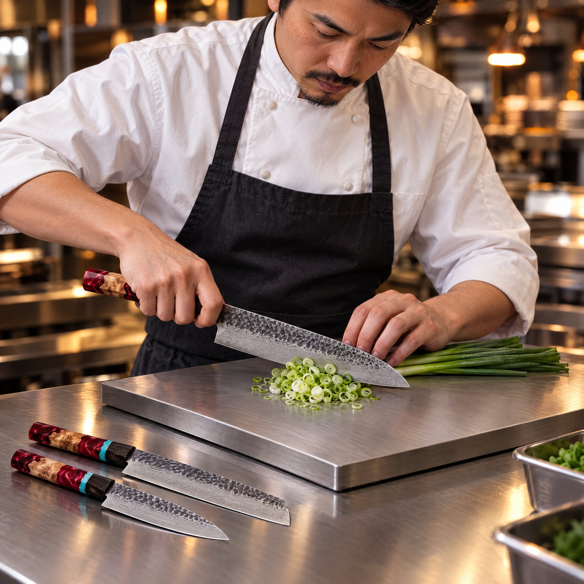 A Japanese chef using the Tenryu 3-Piece Knife Set (Gyuto, Nakiri & Petty) on a titanium cutting board in a professional kitchen