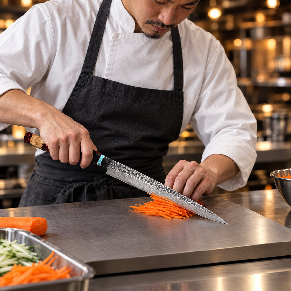A Japanese chef using the Tenryu Yanagiba Sashimi Knife on a titanium cutting board in a professional kitchen