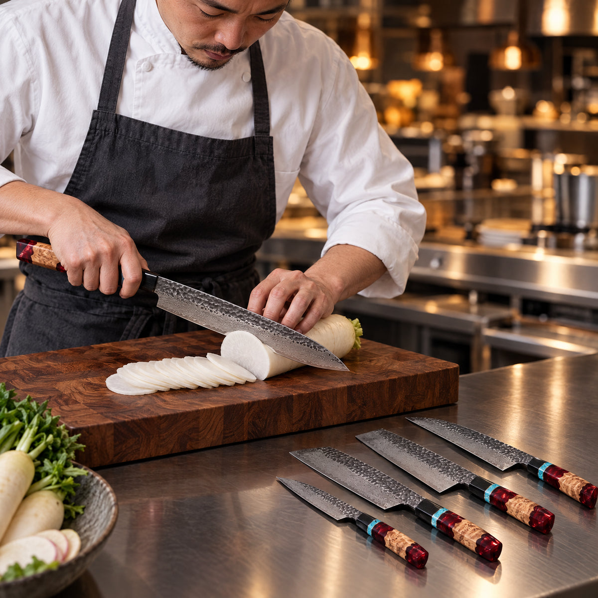 A Japanese chef using the Tenryu Damascus Knife Set on a wooden cutting board in a professional kitchen