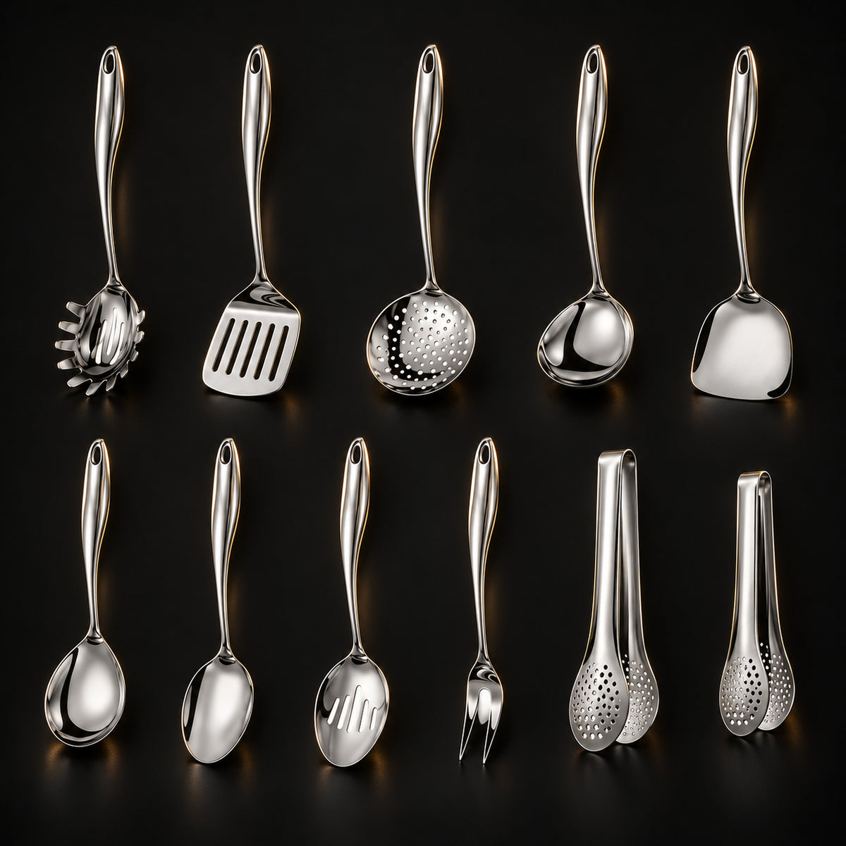 Okura 11-piece utensil set: nine utensils and two complete serving tongs, black studio