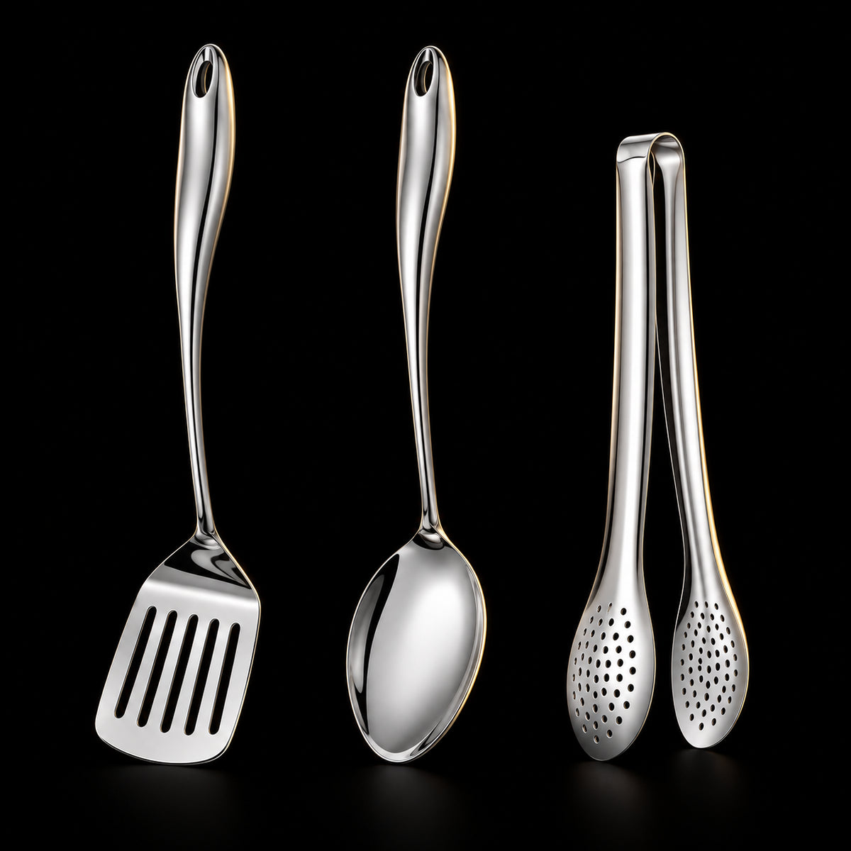 Okura 3-piece utensil set, rounded handles, black studio with subtle warm lighting