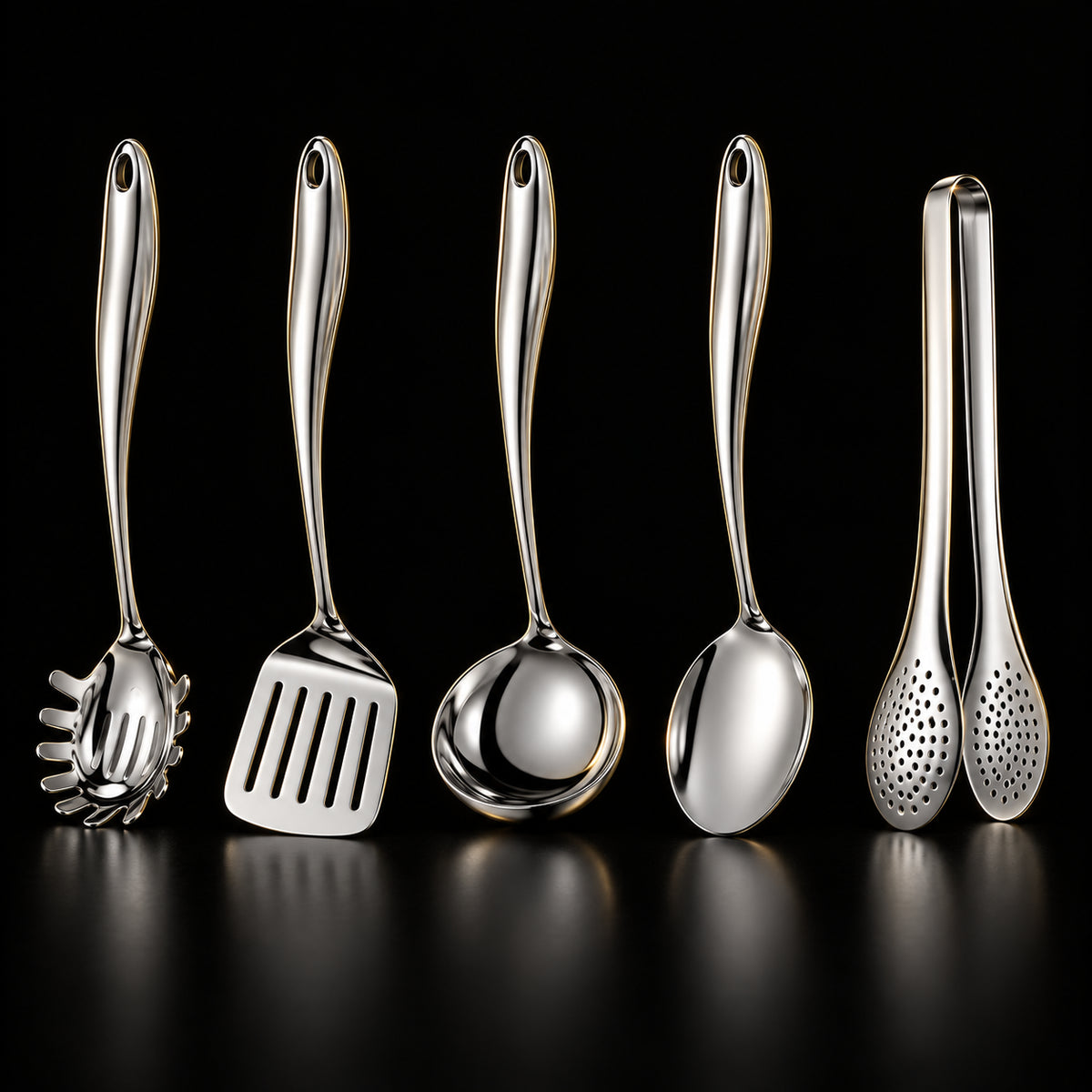 Okura 5-piece utensil set, rounded handles, black studio with subtle warm lighting