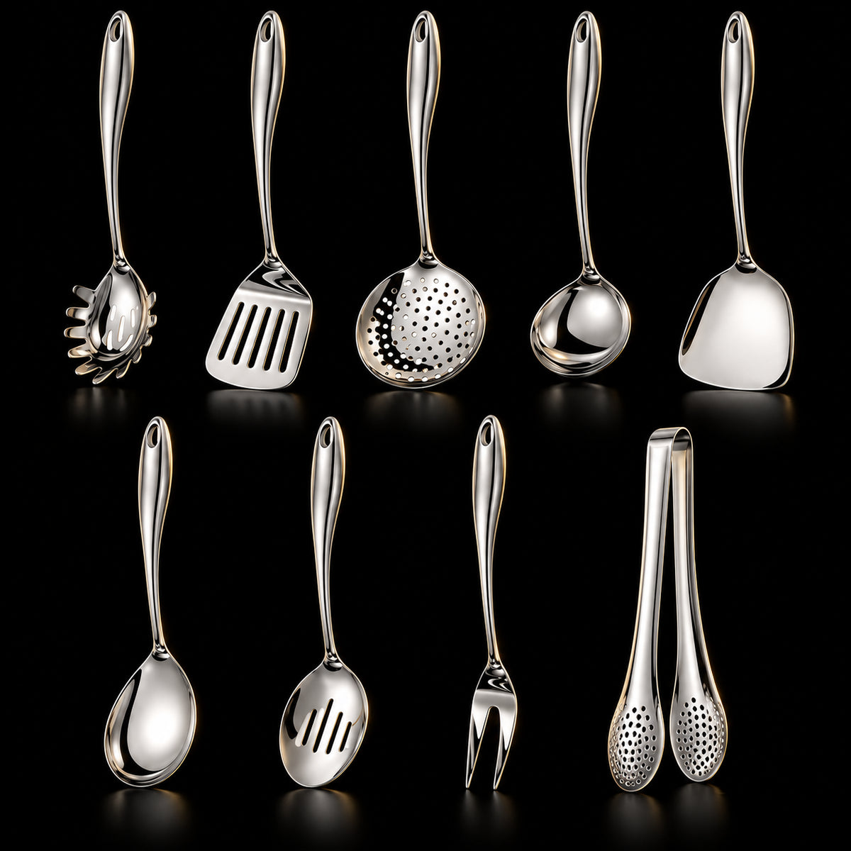 Okura 9-piece utensil set, rounded handles, black studio with subtle warm lighting