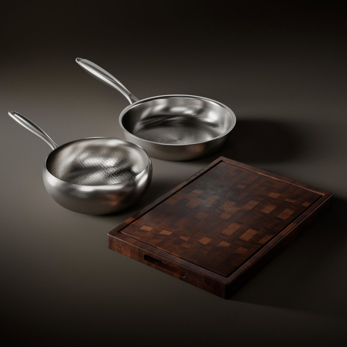 Okura pan and sauté set with walnut board