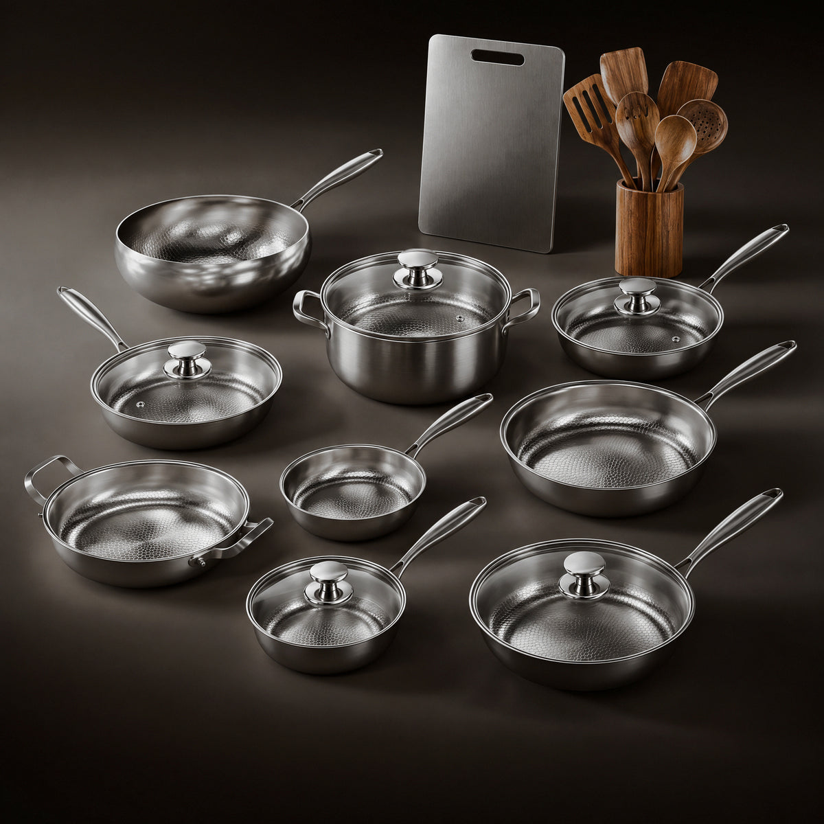 Complete Titanium Kitchen bundle: Okura hammered titanium cookware, cooking pot, titanium cutting board and wooden utensils