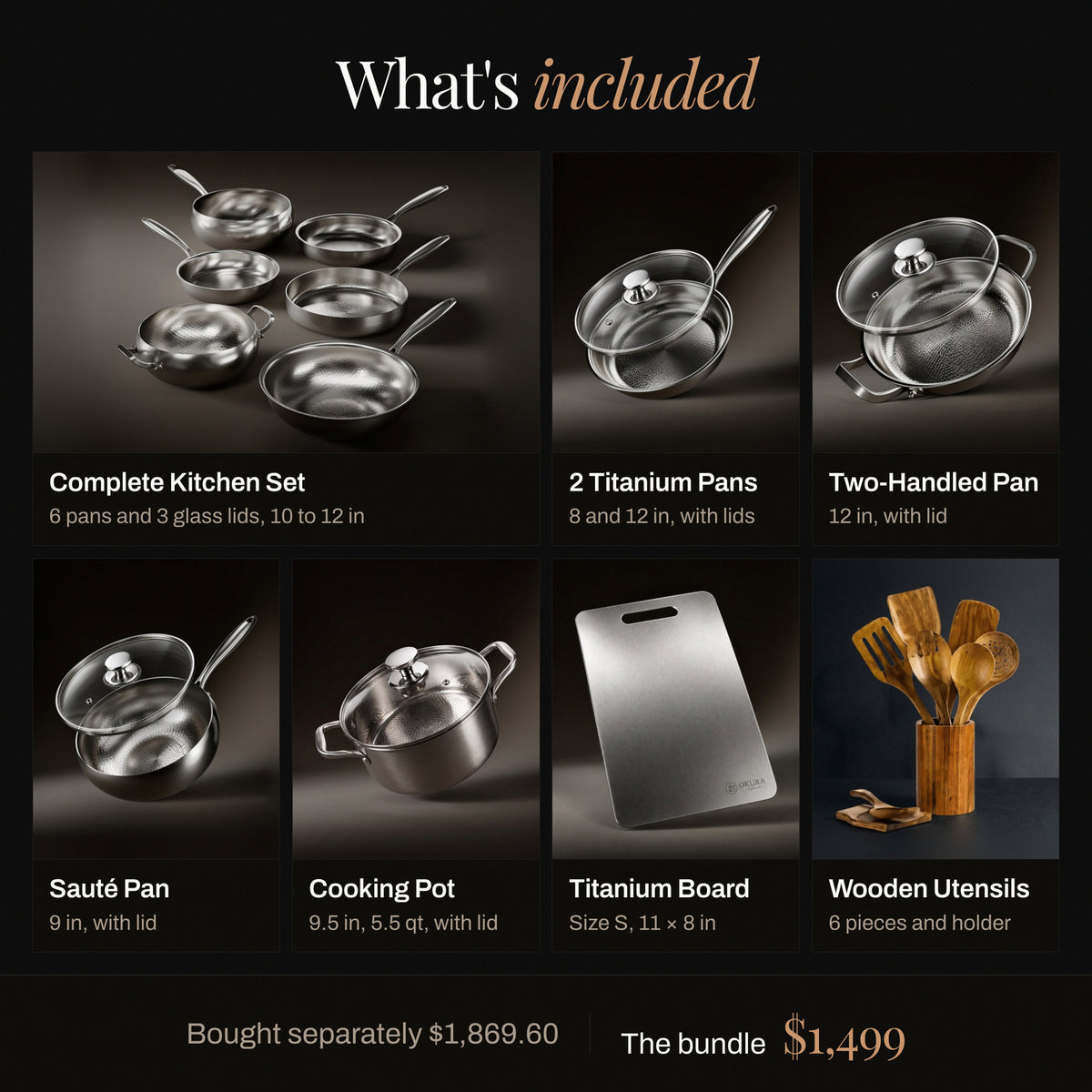 What's included in the bundle, with each item and its size