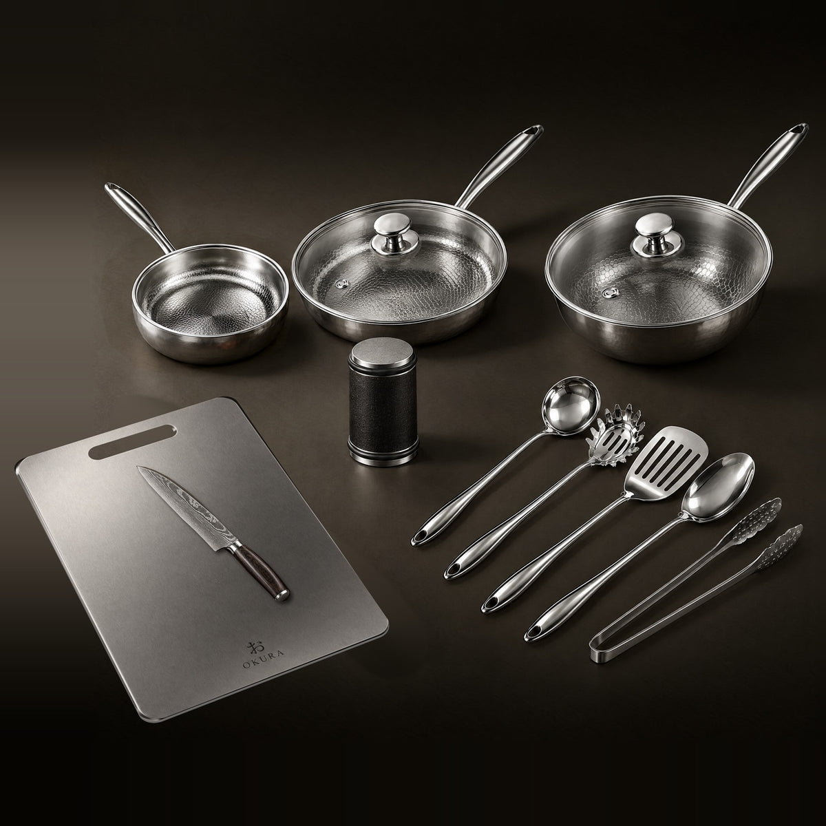 Okura cook and prep chef set with knife, titanium cutting board and utensils