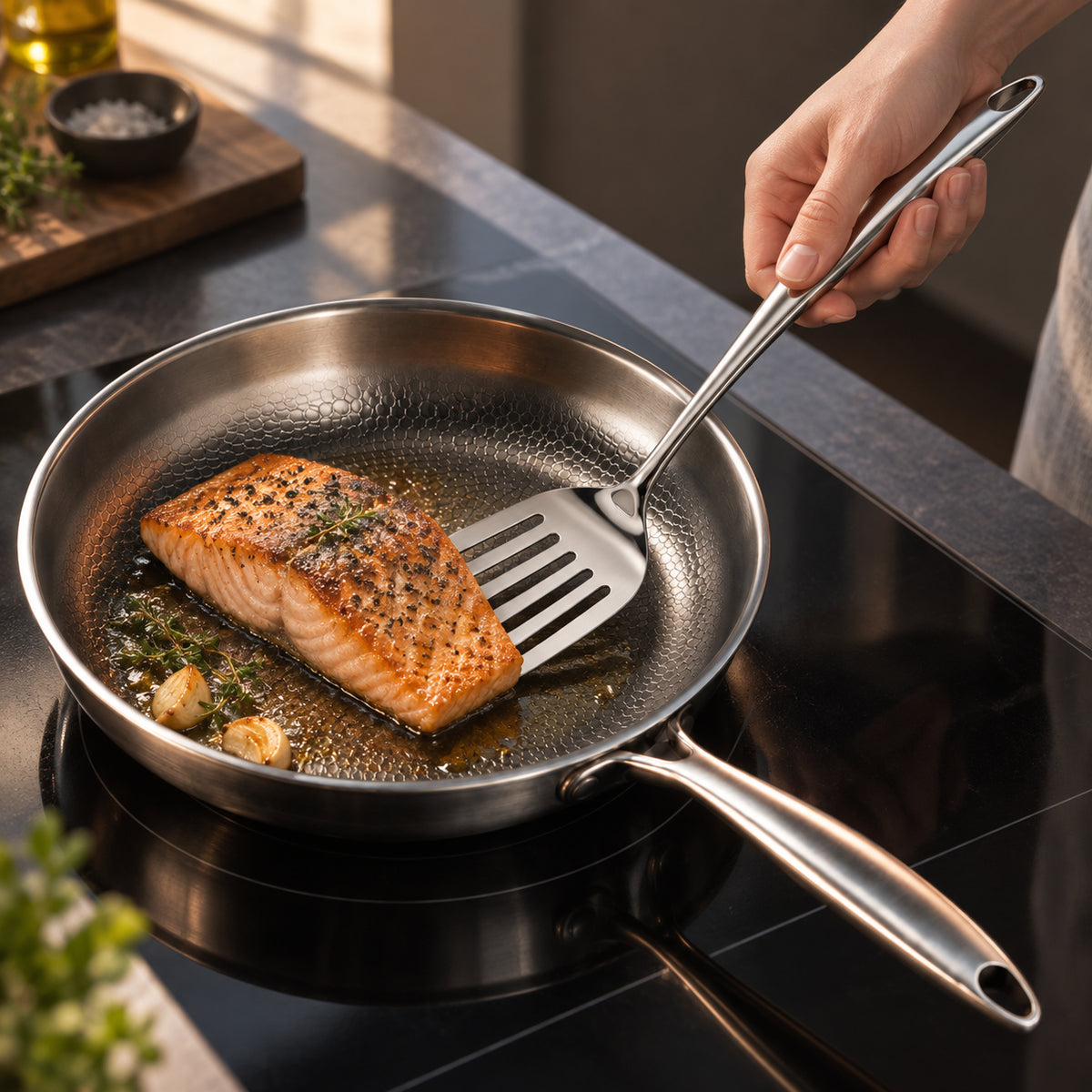 Rounded-handle slotted turner lifting salmon in the silver Okura hammered pan