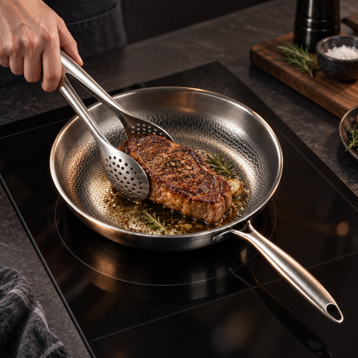Perforated serving tongs turning steak in the silver Okura hammered pan