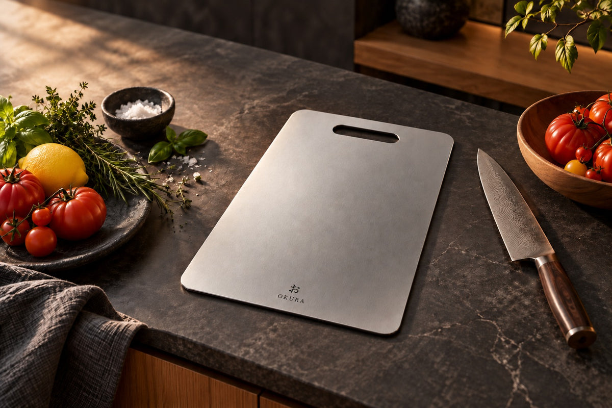 Okura titanium cutting board with ingredients and a Damascus knife in a dark kitchen