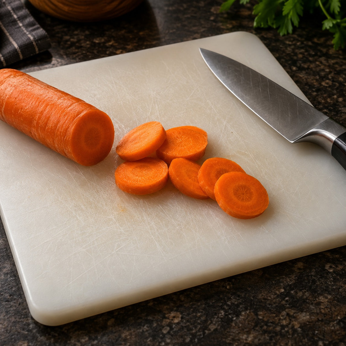 Illustration of knife scratches on a generic plastic cutting board