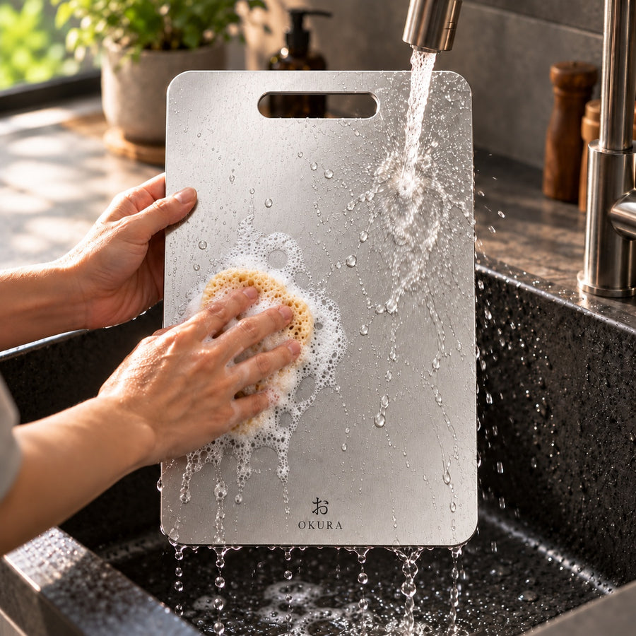 An Okura titanium cutting board being cleaned with soap and water