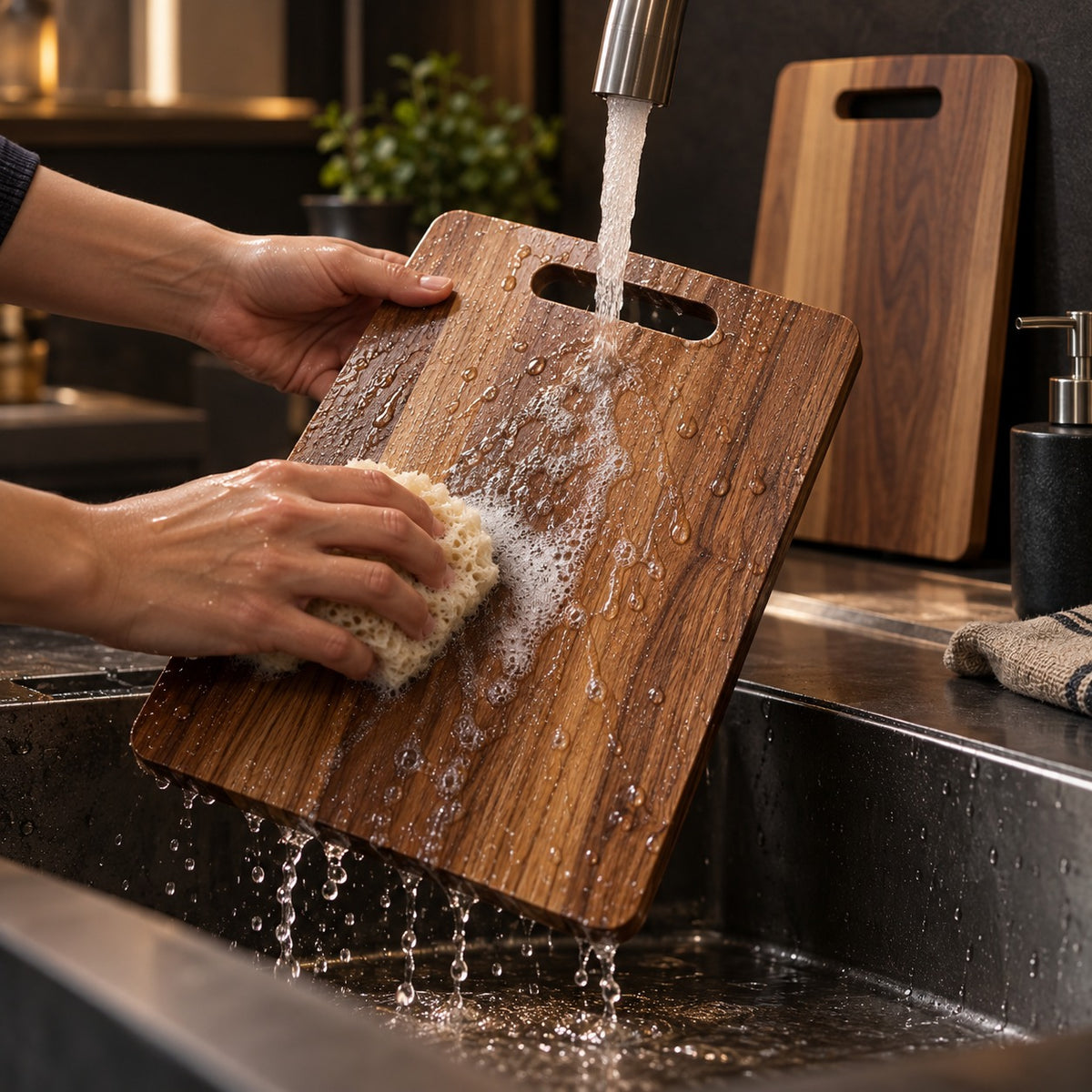 A wooden cutting board being washed and another drying upright