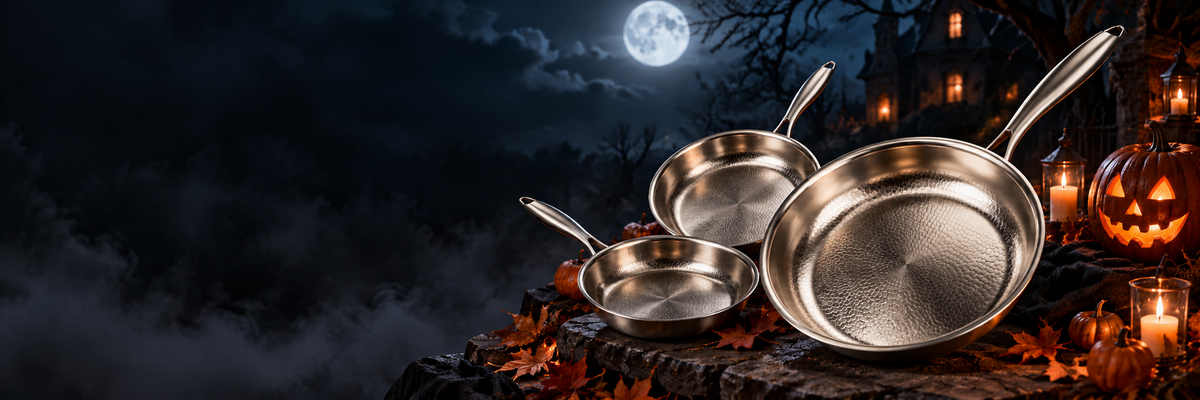 Hammered titanium pans in a Halloween setting