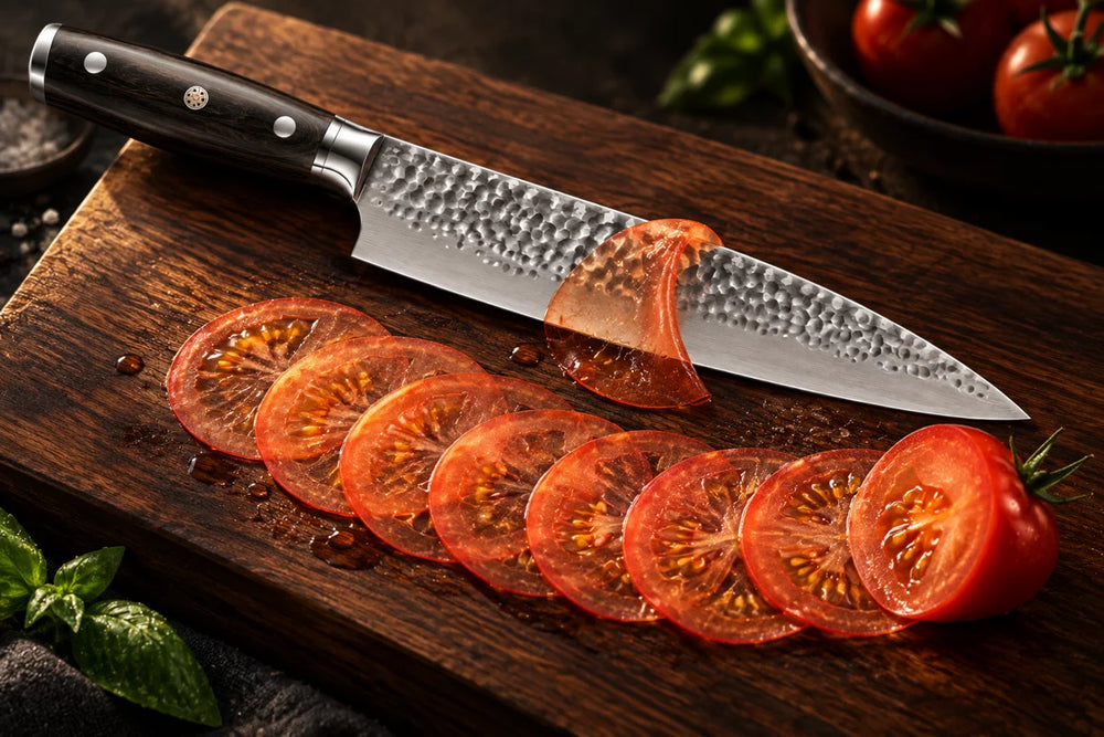 Illustration of the Okura hammered chef knife with wafer-thin translucent tomato slices