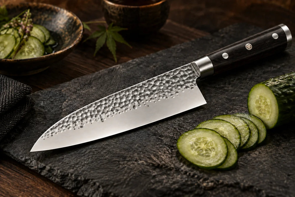 Okura hammered chef knife with dark wood handle — angle15