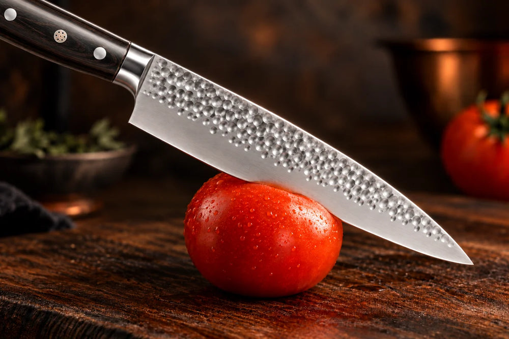 Full-sized Okura hammered chef knife resting on an intact tomato — illustrative scene