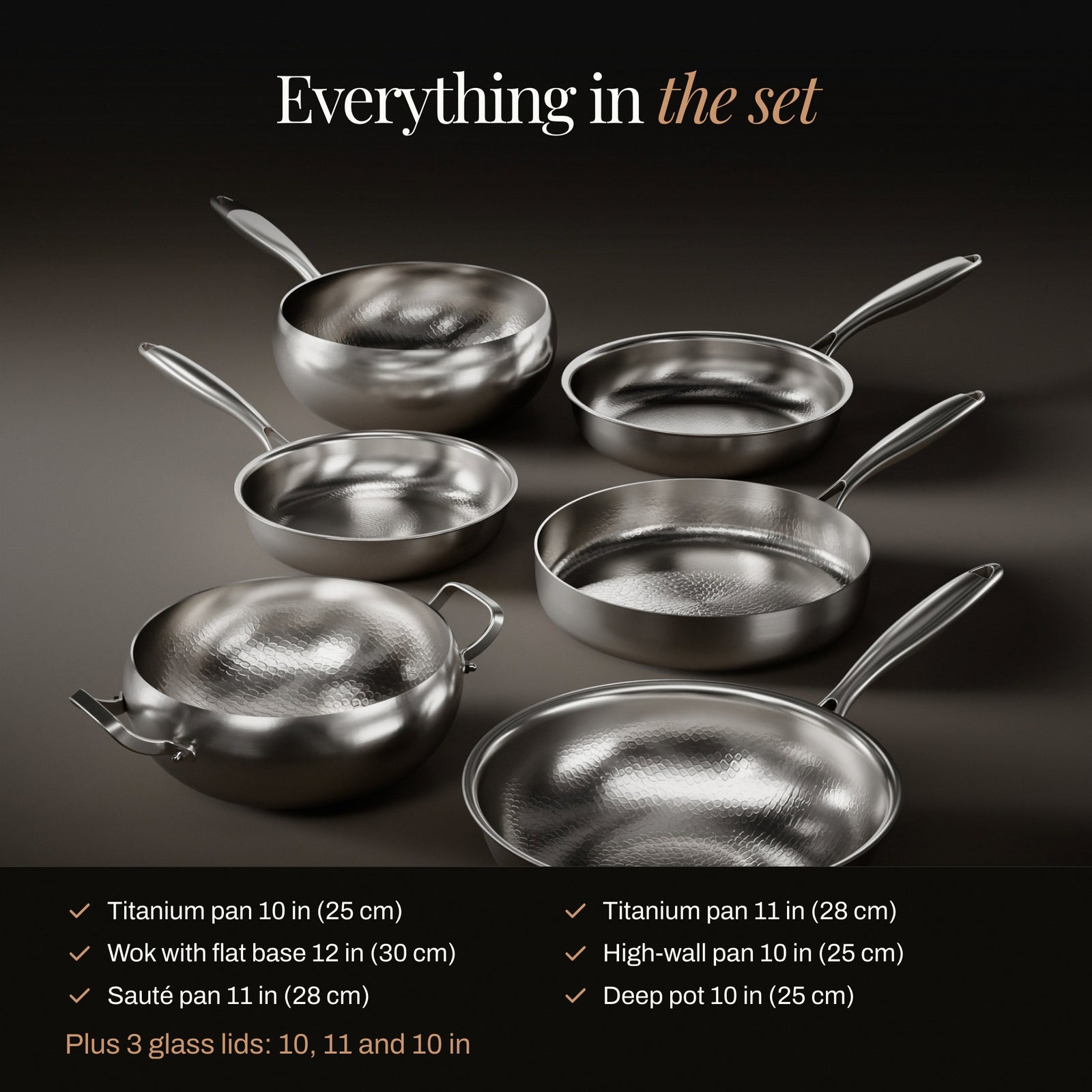 Hammered Titanium Complete Kitchen Set with 3 Lids (10, 11 & 12