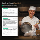 Selected 5-star reviews from Trustpilot, with an Okura chef holding the Limited Edition pan with gold-coloured handle