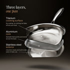 Three layers: titanium cooking surface, aluminium core, stainless steel exterior