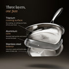Three layers: titanium cooking surface, aluminium core, stainless steel exterior