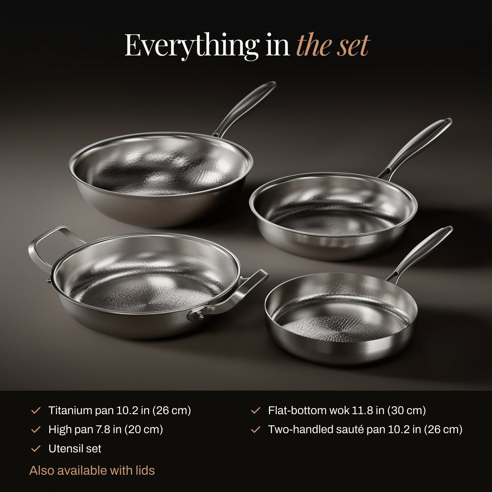 Hammered Titanium Family Set: 4 Pans & Utensils – Okura Cookware
