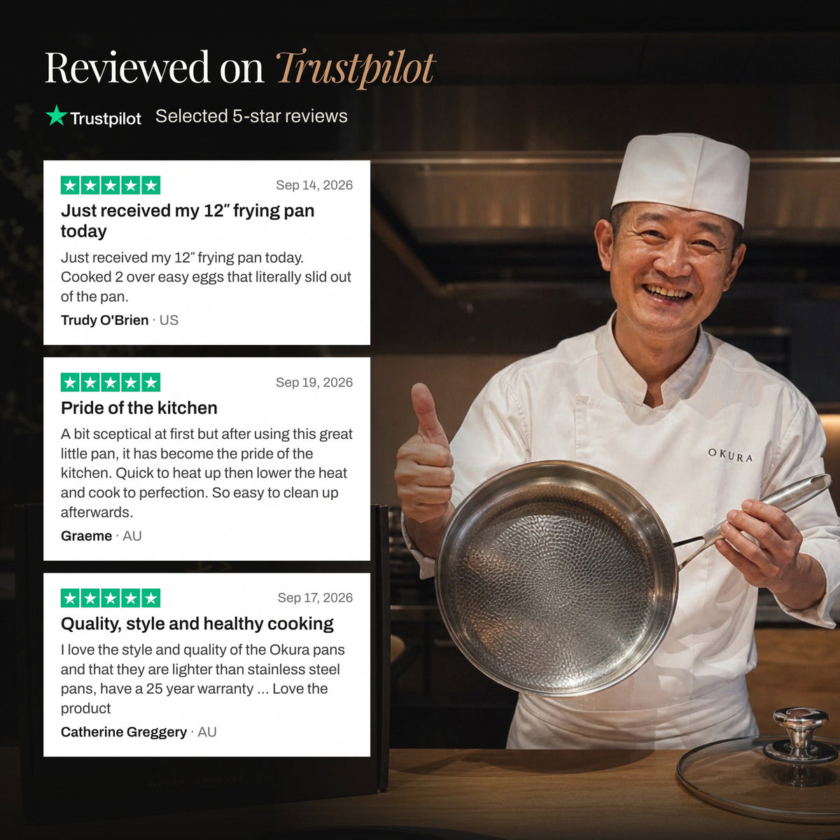 Selected 5-star reviews from Trustpilot, with an Okura chef holding the hammered titanium pan