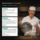 Selected 5-star reviews from Trustpilot, with an Okura chef holding the hammered titanium pan