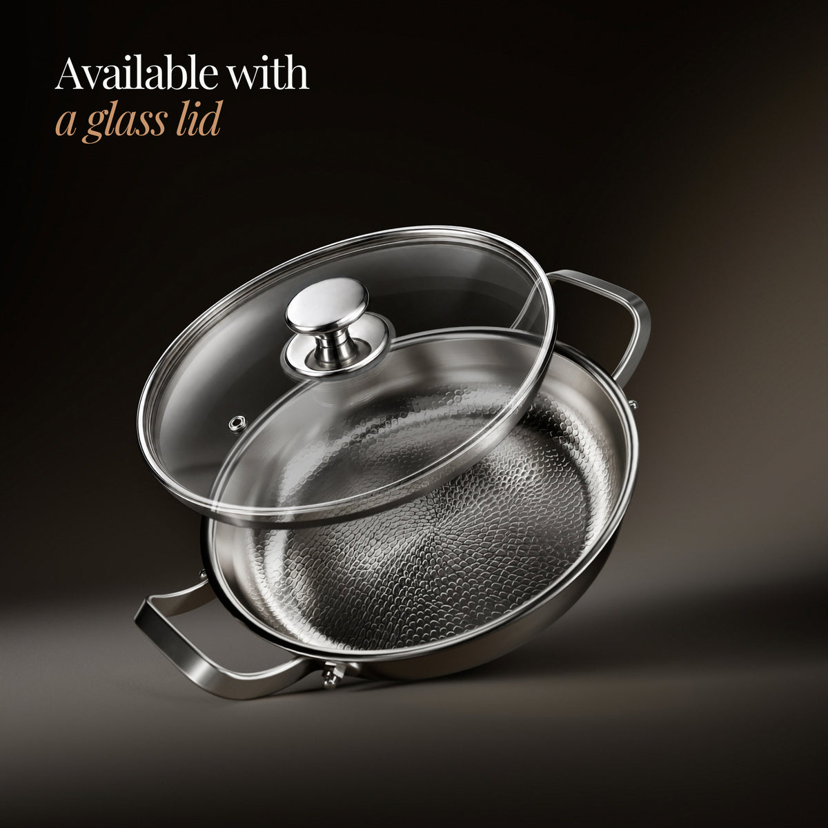 Available with a glass lid: Okura hand-hammered titanium pan with two handles