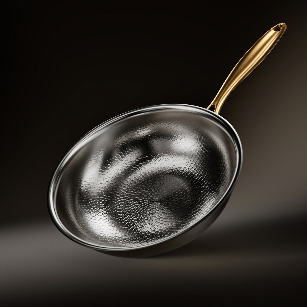 Okura titanium wok pan with flat base, Limited Edition with gold-coloured handle