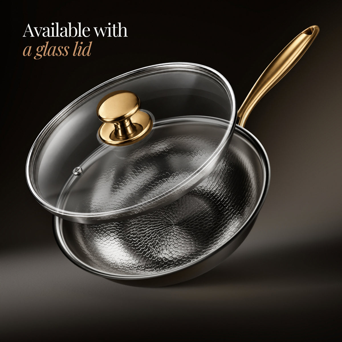 Available with a glass lid: Okura hand-hammered titanium wok pan with flat base, limited edition