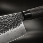 Close-up of the japanese-style chef’s knife blade and handle