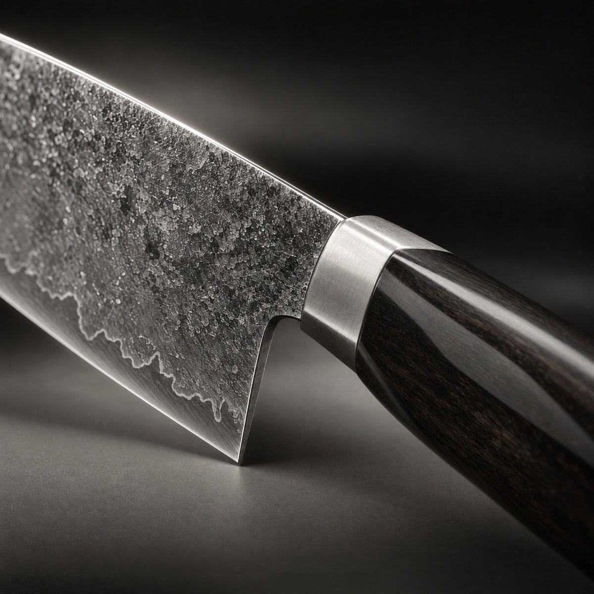 Close-up of the japanese-style chef’s knife blade and handle