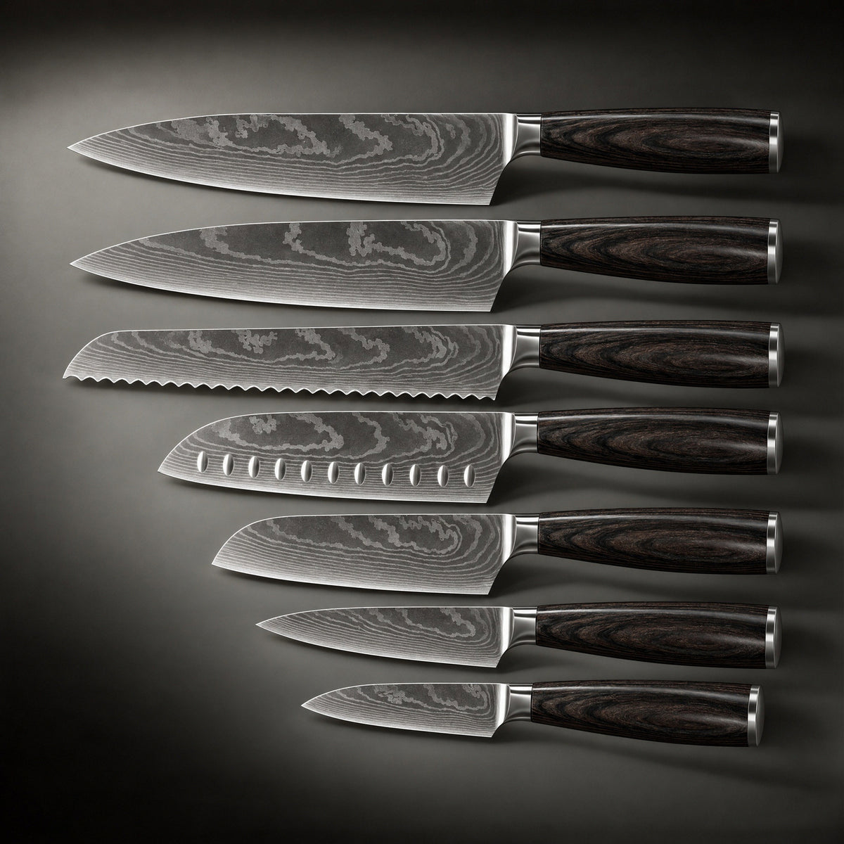 The Okura seven-piece knife collection with Japanese-inspired blade shapes and dark wooden handles