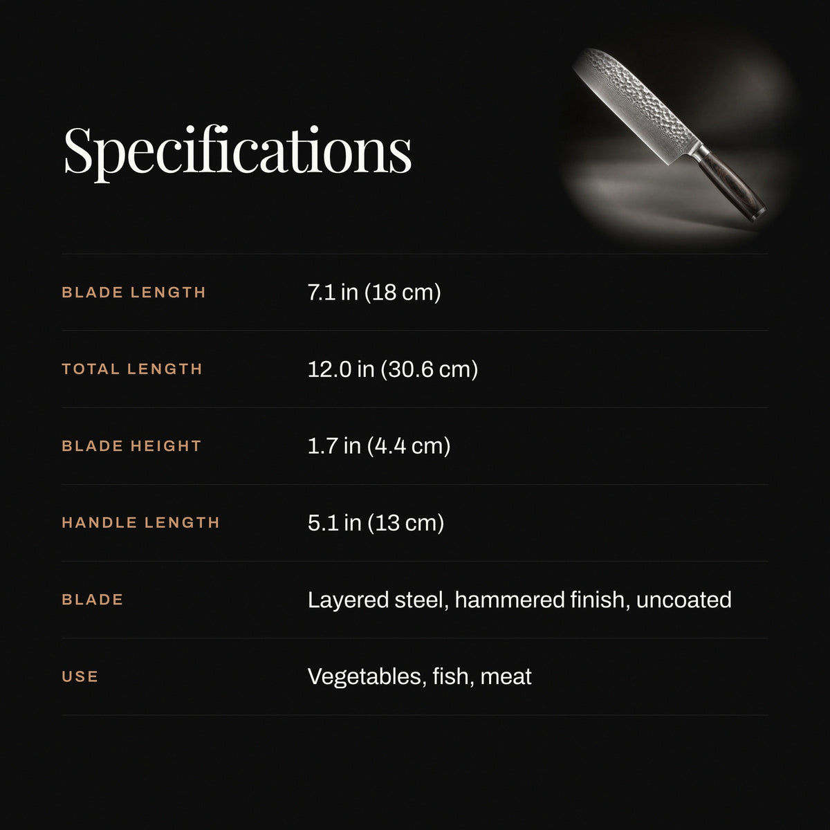 Japanese-Style Hammered Santoku Knife specifications