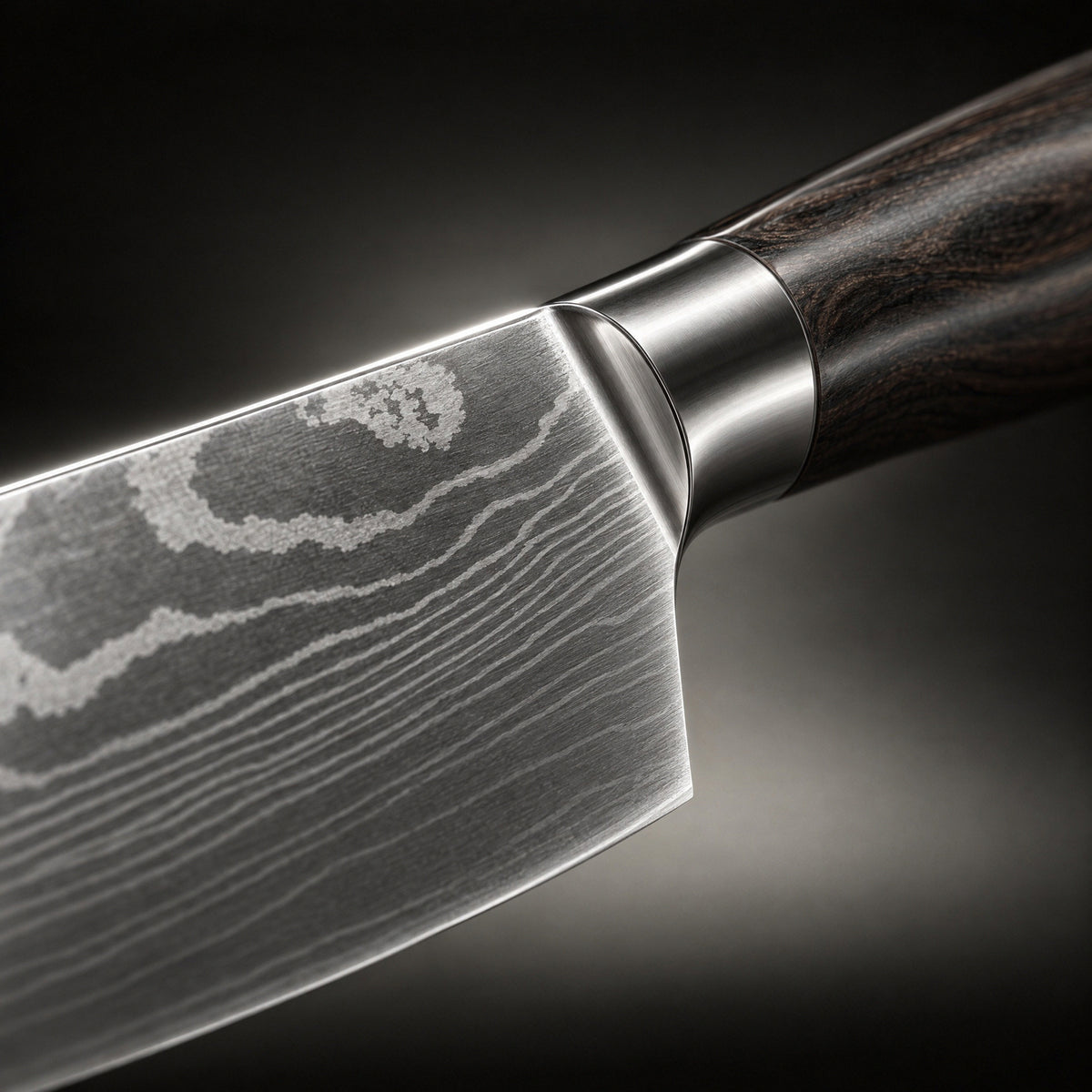 Close-up of the japanese-style santoku knife blade and handle