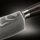 Close-up of the japanese-style santoku knife blade and handle