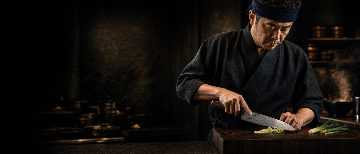 Japanese chef slicing scallions with a Damascus chef's knife
