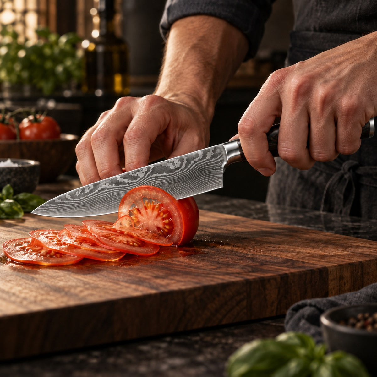 Okura knife slicing paper-thin tomato slices