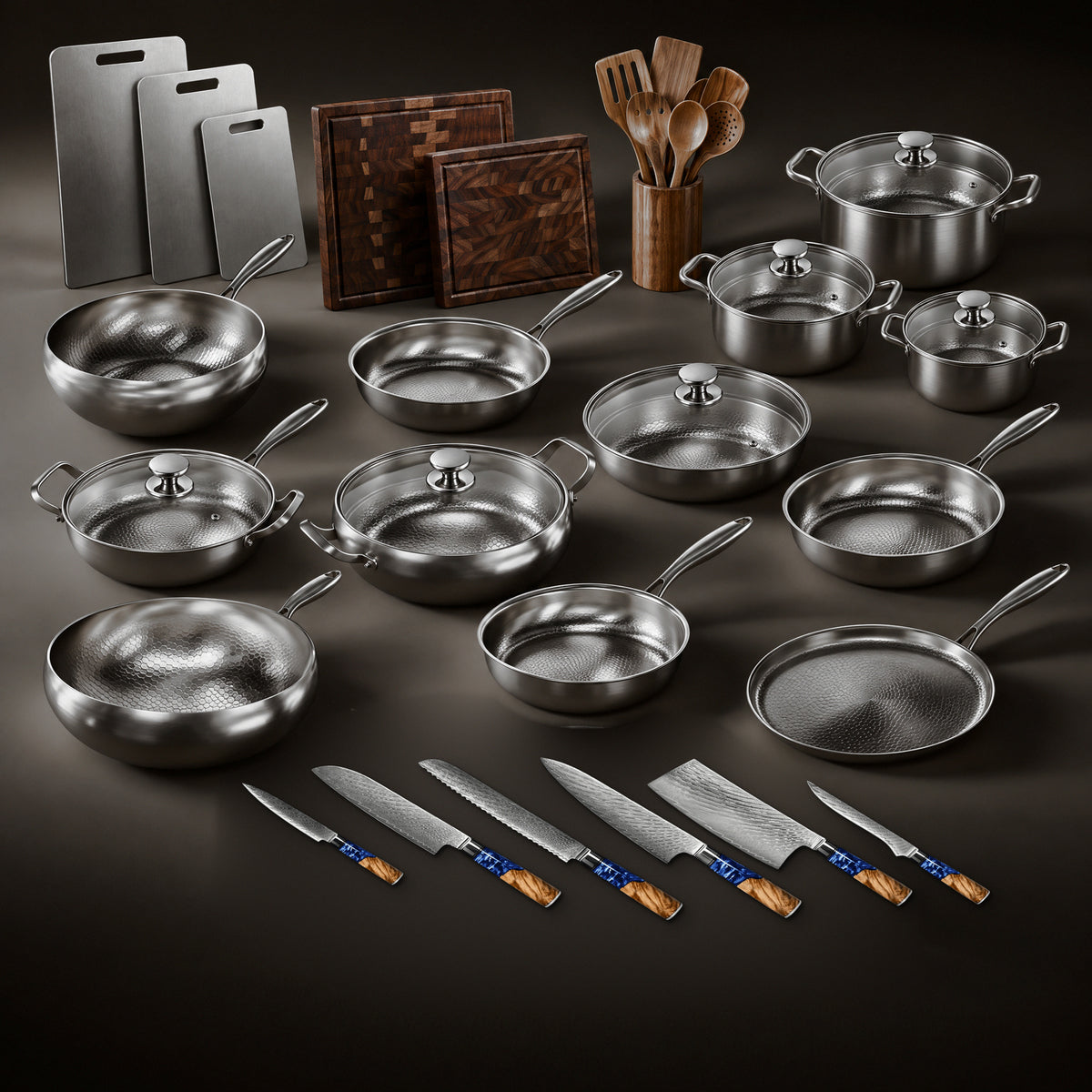 Everything Kitchen bundle: Okura hammered titanium cookware, three cooking pots, crepe pan, titanium and walnut boards, utensils and Damascus knife set