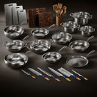Everything Kitchen bundle: Okura hammered titanium cookware, three cooking pots, crepe pan, titanium and walnut boards, utensils and Damascus knife set