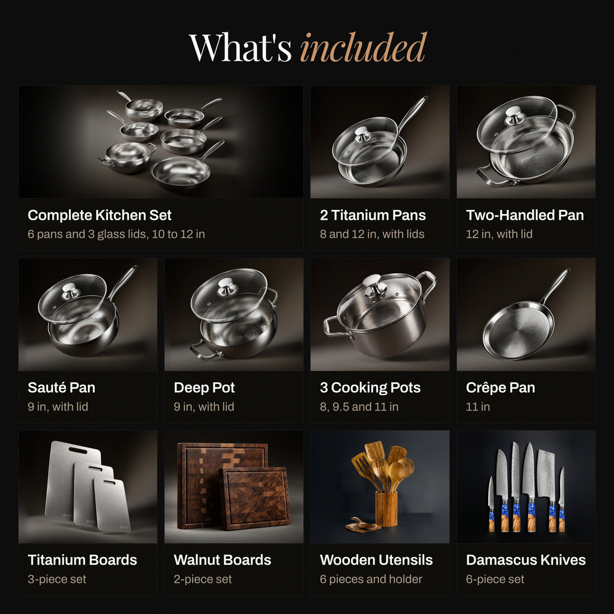 What's included in the bundle, with each item and its size