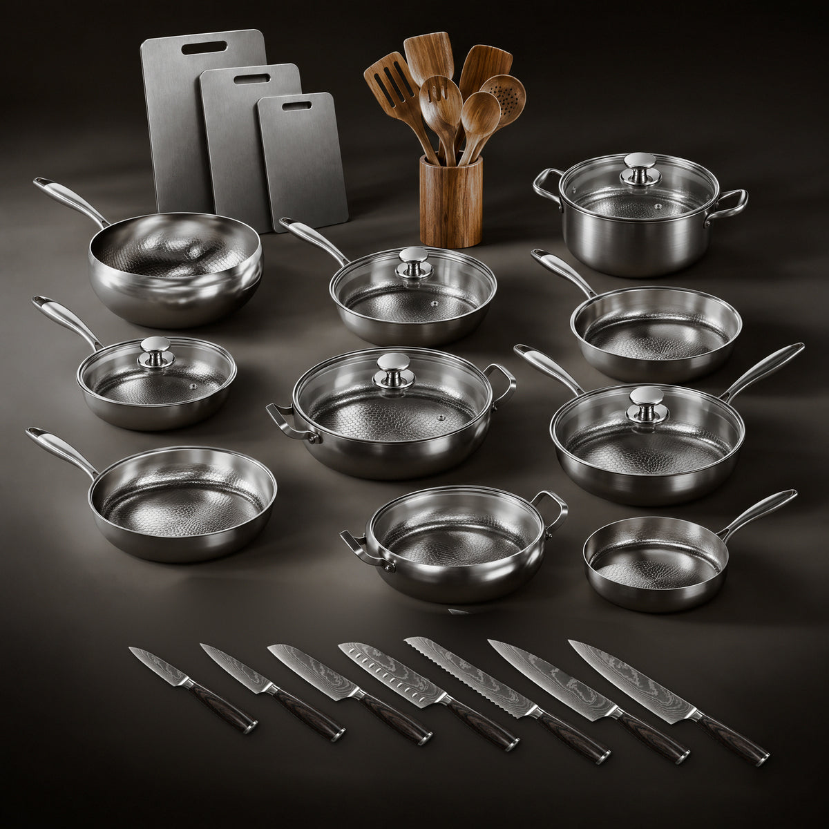 Signature Kitchen bundle: Okura hammered titanium cookware, pots, titanium cutting boards, utensils and Precision knife set