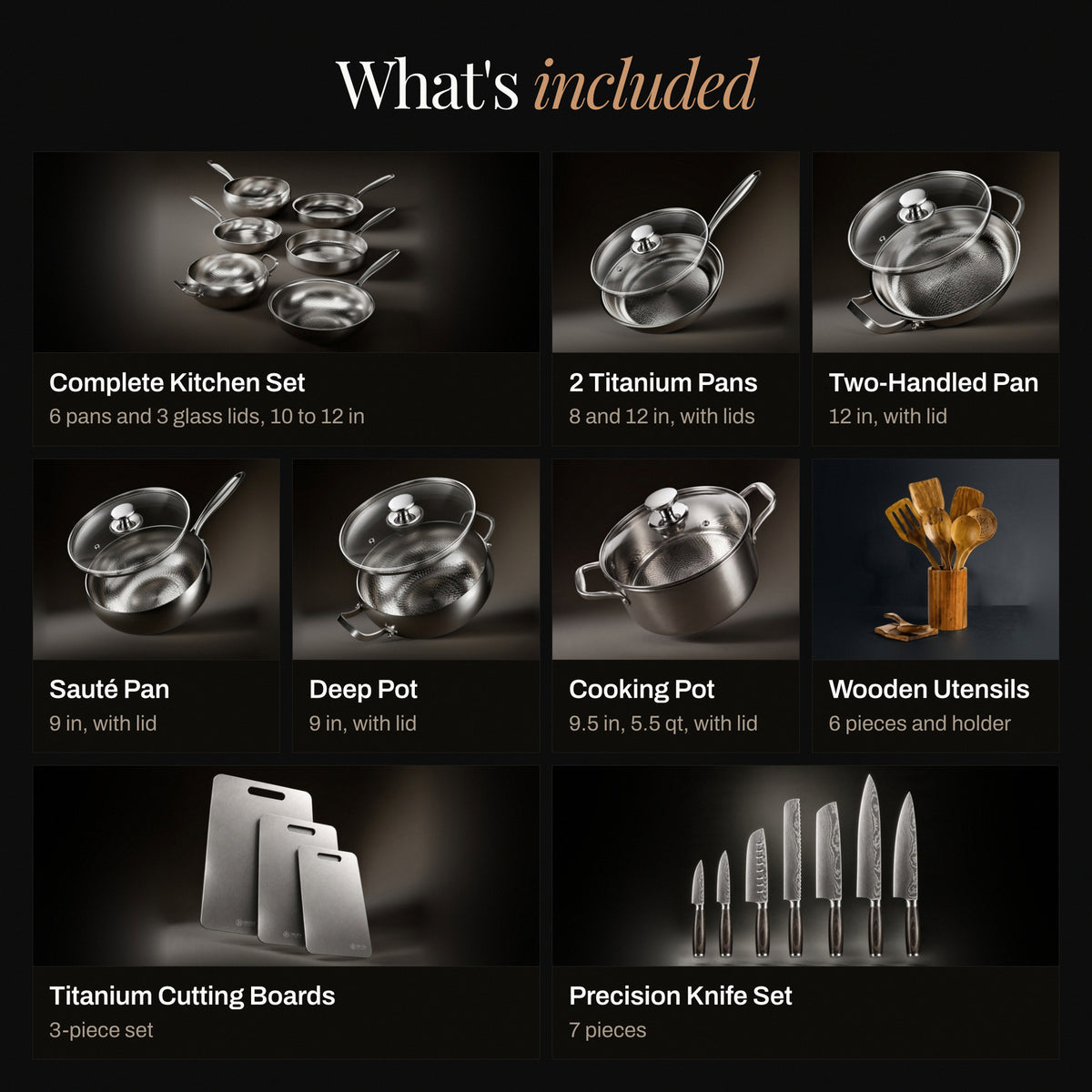 What's included in the bundle, with each item and its size