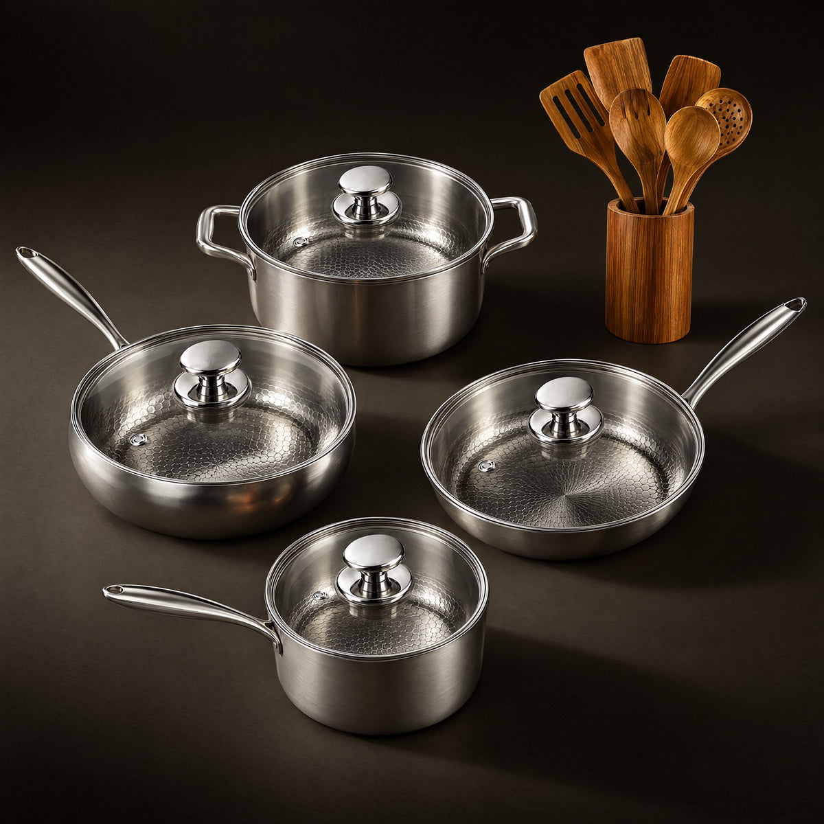 Okura pan and pot kitchen set with wooden utensils