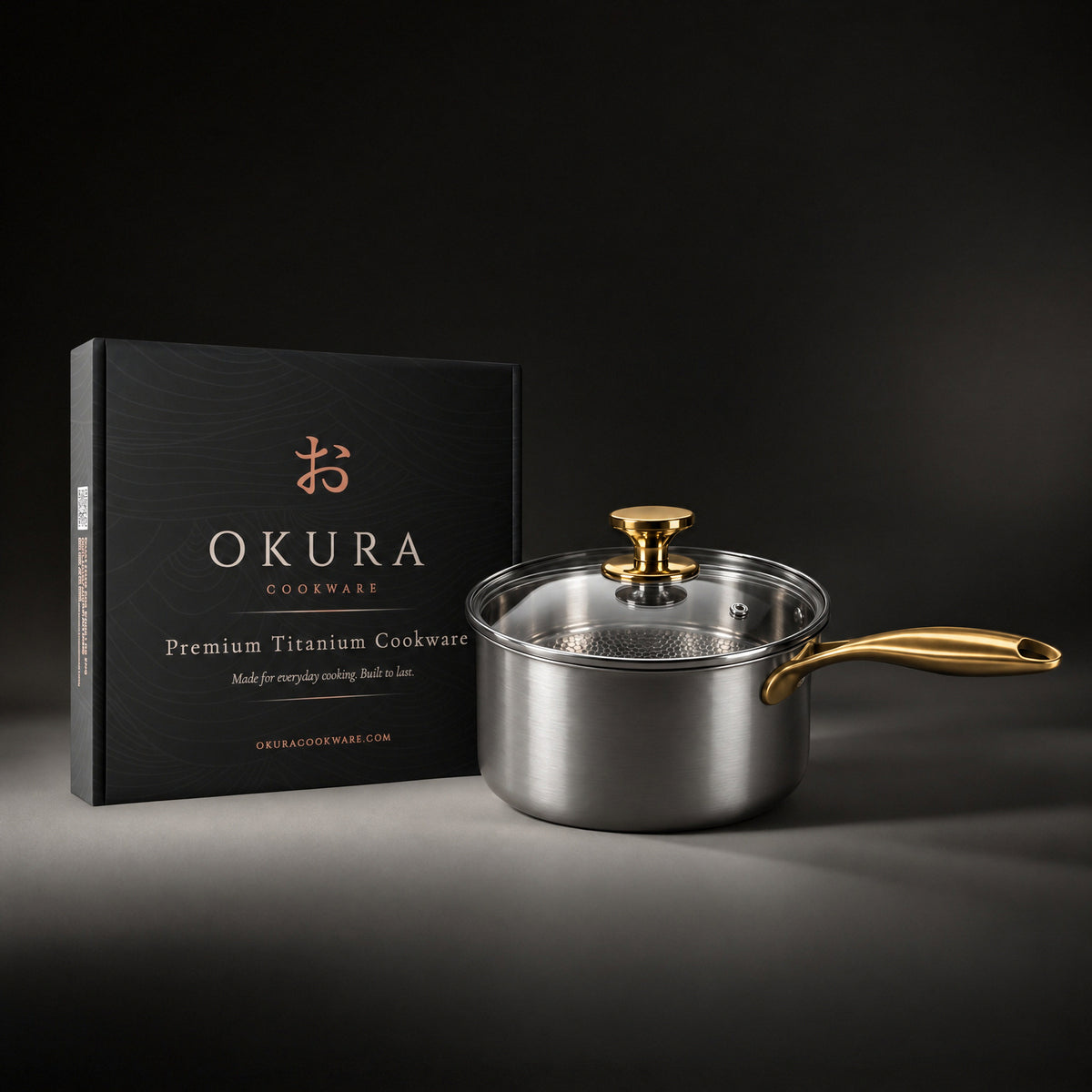 Okura titanium saucepan Limited Edition next to the Okura gift box