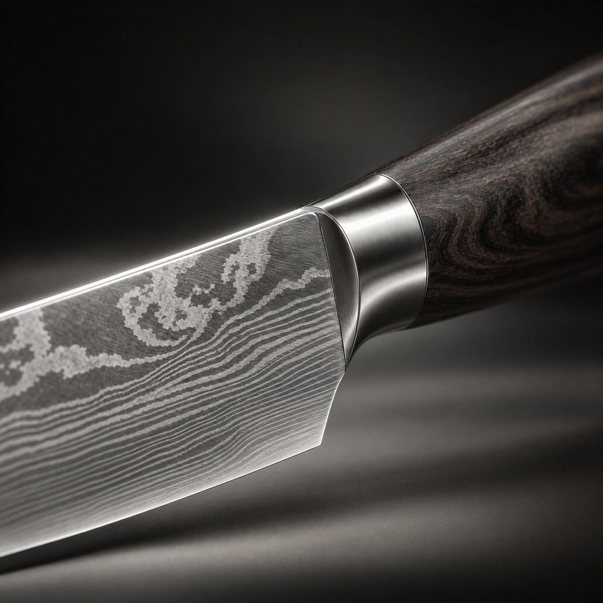 Close-up of the premium chef’s knife blade and handle
